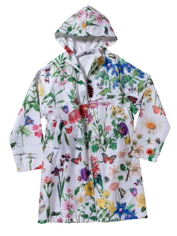 Springtime is a bright time with this flower festooned raincoat